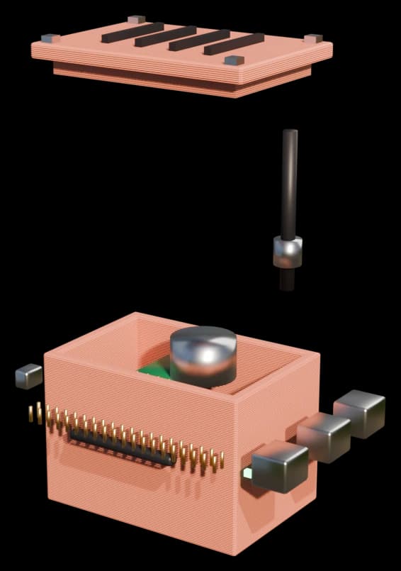 The exploded view of the $40 air-quality monitor kit — enclosure, sensor, microcontroller and readout