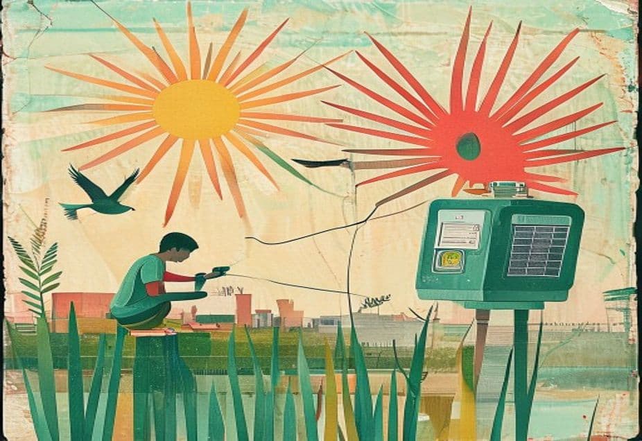 A teen on a rooftop wiring a solar sensor into an energy meter, cut-paper collage
